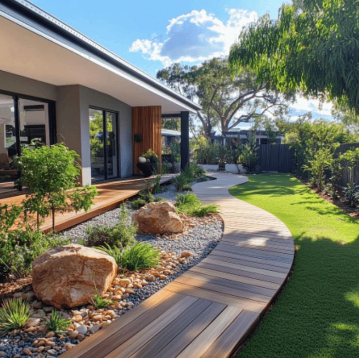 A thoughtfully designed garden featuring native plants, sculpted pathways, and harmonious landscaping.