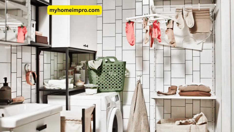 Organized laundry room with folded clothes, eco-friendly detergents, and drying rack