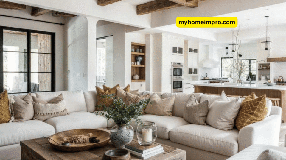Rustic living room featuring reclaimed wood furniture, vintage accents, and cozy farmhouse decor