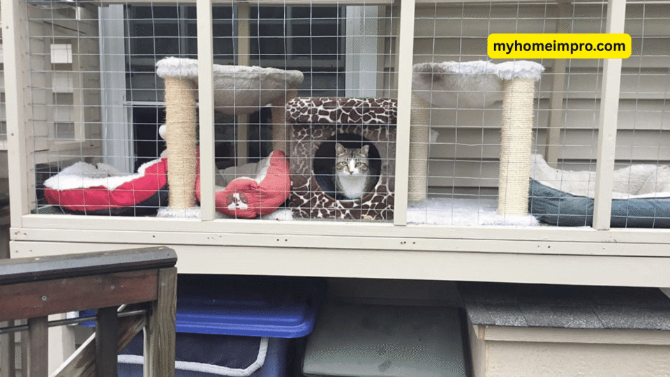 DIY IKEA catio using repurposed shelves and mesh panels for a stylish outdoor cat enclosure