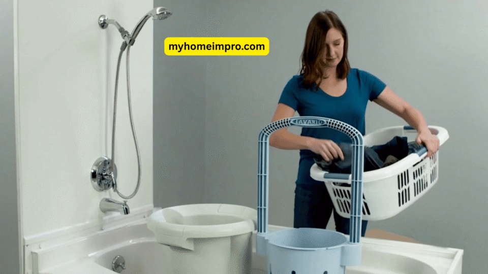 Manual washing machine on a balcony being used by a person for eco-friendly laundry.