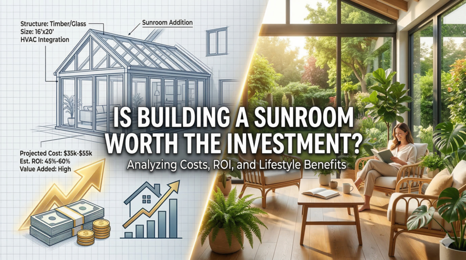 Split-screen graphic showing a sunroom blueprint and financial ROI charts transitioning into a bright, finished sunroom where a woman is relaxing. Center text overlay asks, "Is Building a Sunroom Worth the Investment?