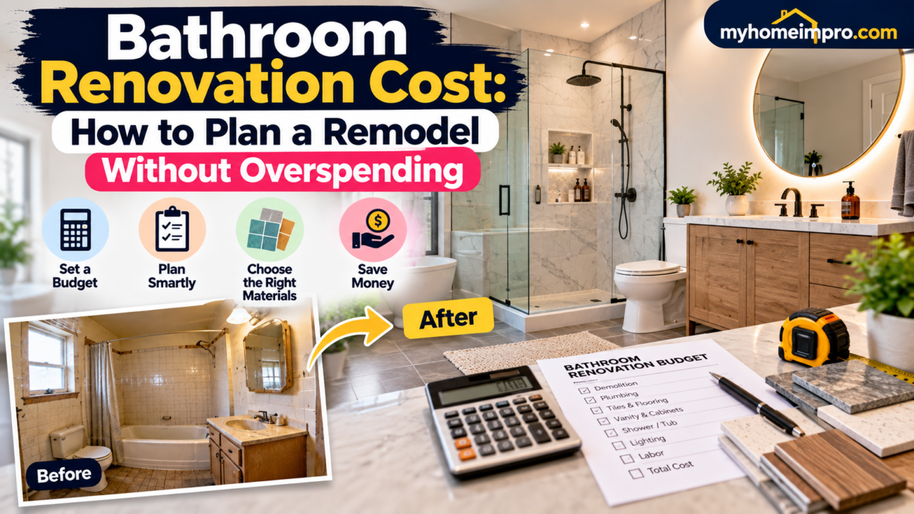 Bathroom renovation cost guide showing budget planning, materials, remodeling and ways to save money