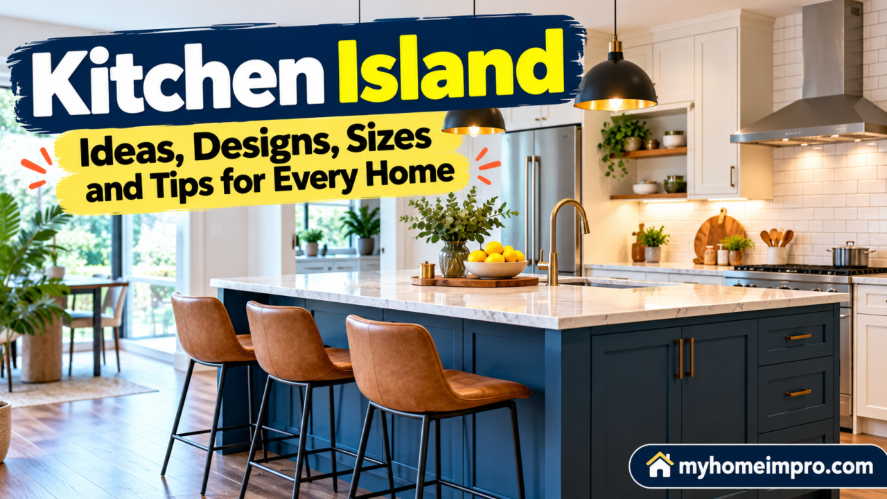 Modern kitchen island with a marble countertop, navy blue cabinets, bar stools, pendant lights, and white kitchen cabinetry